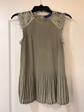 Apt. 9 Pleated Sage Green Crochet-Trim Sleeveless Top